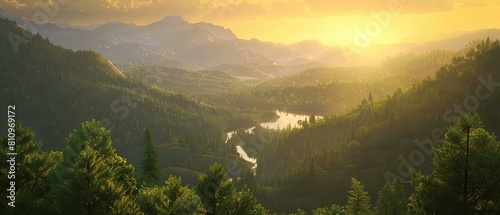A sunrise scene over a tranquil mountain valley