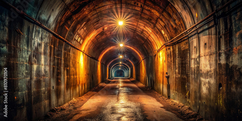 Eerie Dimly Lit Dark Tunnel with Rusty Walls and Mysterious Atmosphere