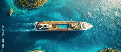 An aerial view of a massive cruise ship