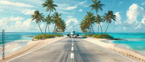 An airplane landing on a paradise island