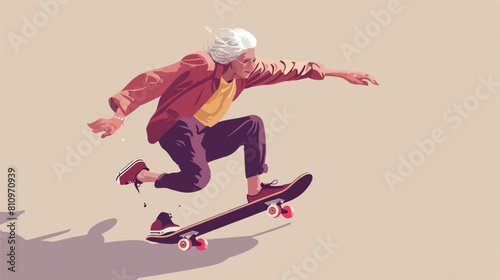 Old woman jump with skateboard Vector illustration.