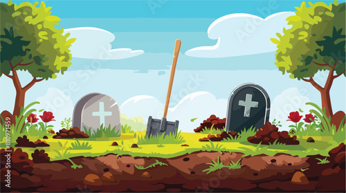 Open grave and headstone with hoe Vector illustration