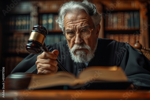 A senior judge with a focused look as he bangs a gavel near a book, symbolizing the weight of his decisions