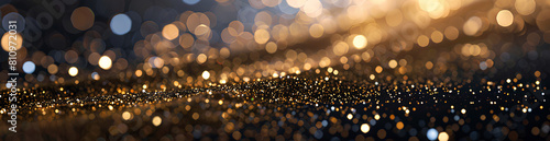  background of shimmering gold and silver bokeh lights with a blurred dark blue gradient in the center, creating an enchantment atmosphere for festive events or celebration designs. 