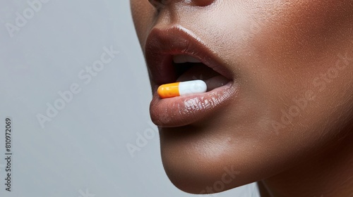 Kobieta połyka kapsułkę, tabletkę, lek, lekarstwo, suplement