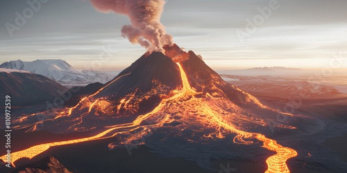 Vulcão em Erupção com Fumaça Giratória e Lava Incandescente