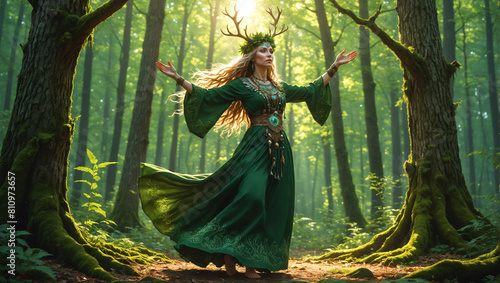 Slavic female shaman with antler dancing in a sunny forest, beautiful spirit of the woods, green dress and jewelry, traditional folklore, high detail, fantasy illustration, no AI artifacts