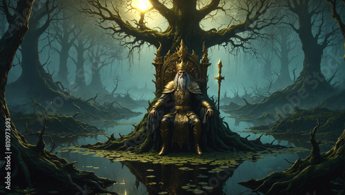 Veles, the Slavic god of underworld, sits on his golden throne under the cosmic tree in the middle of underground swamp realm, golden armor, high detail, fantasy illustration, no AI artifacts