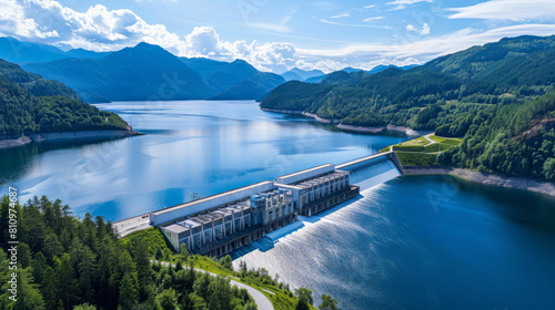 Hydropower dam nestled in serene mountain landscape