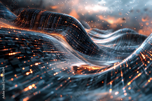 An abstract closeup of a digital dream where technology and magic fuse showcasing a dynamic 3D visual of a fantasy sci fi landscape