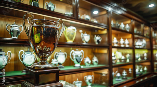 Trophy's reflection in glass of prestigious club display case