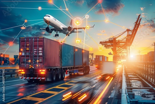 A cargo truck is seen on a road below as an airplane flies overhead. The airplane and truck are part of a collaborative supply chain ecosystem. Generative AI