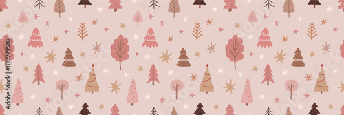 Pink modern Christmas tree seamless pattern ornament. New Year hand drawn Christmas trees festive background. Abstract doodle wood pattern. Colorful cute vector illustration in flat style.