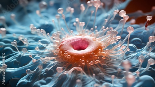 Closeup view of an oocyte under a microscope, focusing on the zona pellucida and corona radiata, with educational annotations