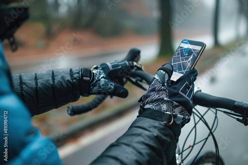 Before setting off, the cyclist plans a route in his navigator. Feeling of freedom. The image is suitable for advertising bike tours, adventure bags or sports equipment. Lots of space for text. Banner