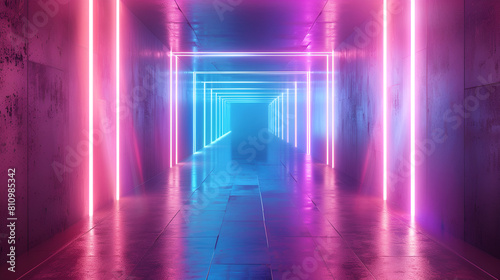 Featured in this render are a virtual reality environment neon light rectangular portal tunnel ultraviolet spectrum abstract background laser show fashion runway podium path way stage 