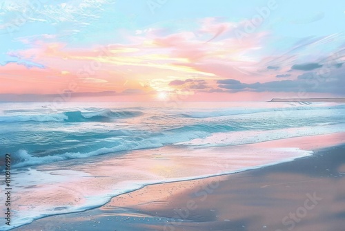 A peaceful beach scene at sunset, with gentle waves lapping at the shore and a palette of soft, pastel colors