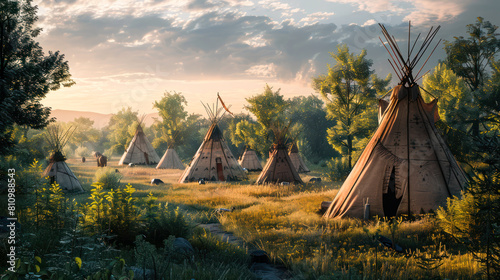 Teepees standing in field next to trees