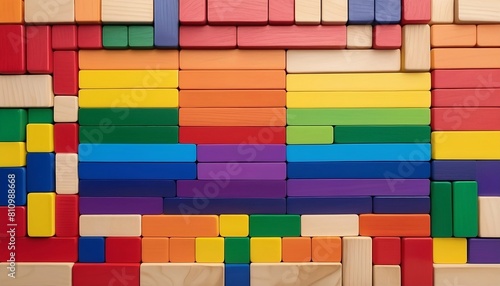 Pride flag made of tens of colorfully painted wooden blocks, colorful natural re-creation of a flag created with generative ai