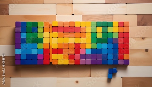Pride flag made of tens of colorfully painted wooden blocks, colorful natural re-creation of a flag created with generative ai