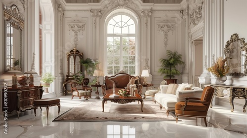 A stately living room adorned with traditional furnishings and ornate wall decor, lit beautifully by a grand window.