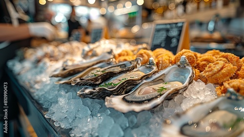 seafood market display, seafood market with chilled oysters, mussels, and other shellfish, all sourced locally for a diverse selection of crustaceans