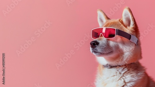 Akita Inu dog with 3d VR glasses on the isolated background