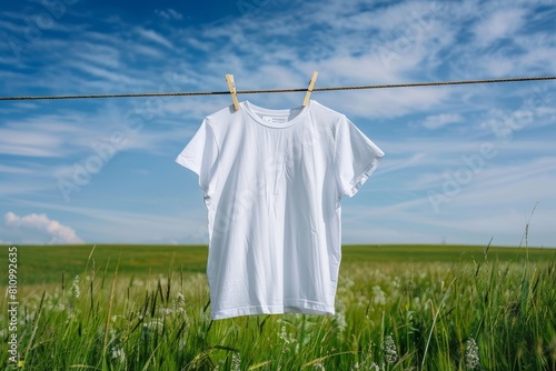 White T-shirt hanging on a rope outside on a sunny day with clothespins