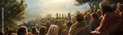 Jesus speaking truths from a mount, his followers listening intently in a lush, 3D environment