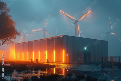 Battery storage system powered by sleek wind turbines, under moody, ambient lighting