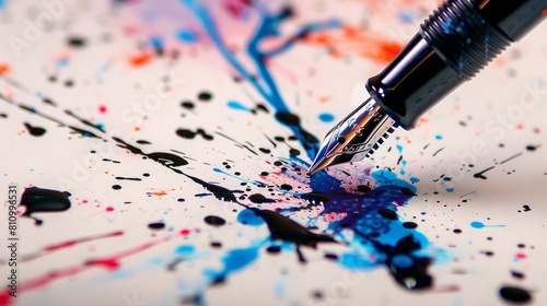 Ink Splatter Artistry: A creative shot of fountain pen on a page with artistic ink splatters around it, highlighting the dynamic and expressive nature of using fountain pen for writing. Generative AI