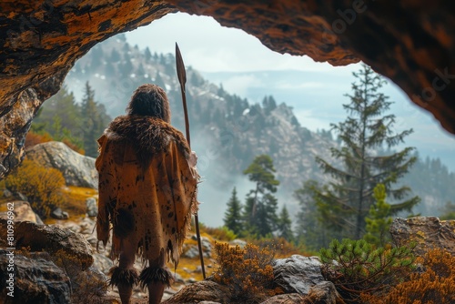 A solitary figure in primitive garb stands at the mouth of a cave looking toward a misty, tree-covered mountain