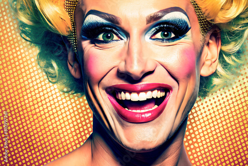 Drag Queen hombre con maquillaje multicolor. Drag Queen sobre fondo semitono de color. Cartel artista fiesta. 