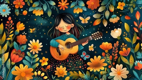 Folk Music Naive Art A simple, childlike illustration of a folk singer with a guitar, surrounded by flowers and animals, reflecting the pure and heartfelt nature of folk music