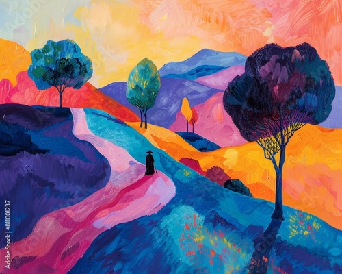 Folk Music Fauvism A landscape painting with bold, unnatural colors depicting a folk singer performing in nature, emphasizing the emotional impact of the music