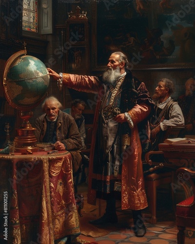 Heliocentrism vs Geocentrism Renaissance Art A Renaissancestyle illustration of Galileo defending his heliocentric model against the Church, with figures in period clothing and dramatic lighting