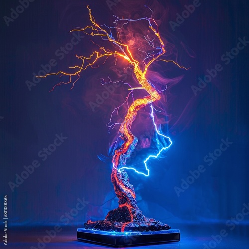 Lightning Strike Kinetic Sculpture A lightning bolt striking a tree, represented as a dynamic sculpture with light and sound effects that capture the energy and power of the event