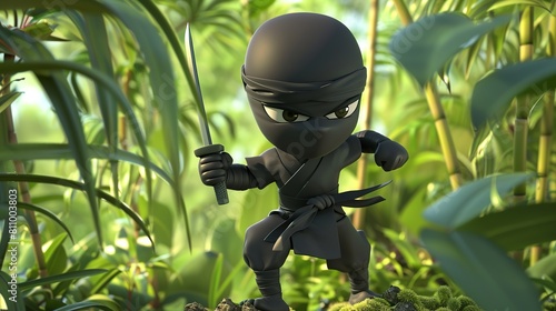 3D cartoon black ninja character. jungle on the background