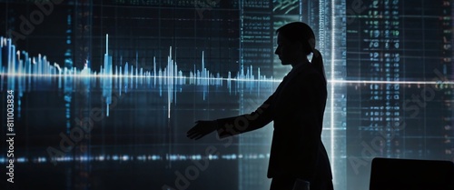man and women shaking hands after an interview is in a silhouette double exposure. In the background is a flow of data showing various cyber threats and vulnerabilities. Stylish in the style of double