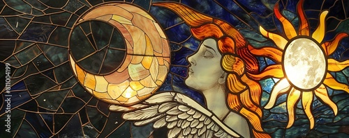 An angel carrying the sun and the moon a stained glass representation of the balance of day and night