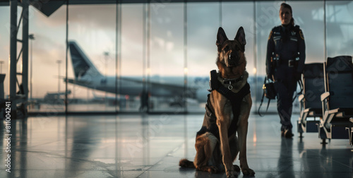 Portrait of a police dog on duty in a large city airport