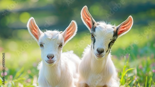 Two little goat babies in summer. Farm animals. Generative Ai