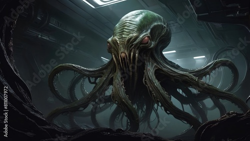 octopus twisted alien creature fight on space ship