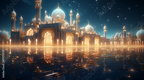 A magical Building Eid Ai-Fitr on Landscape, illuminated by the soft glow of ambient light and adorned with intricate details
