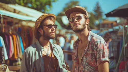 Two trendy brothers embracing their inner hipsters scouring the weekly vintage clothing flea market in the old town These best friends revel in their shared leisure time soaking up the sun a