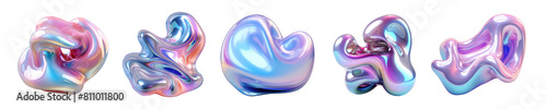 PNG set of shiny liquid 3d form in the style of holographic colors, abstract fluid flowing composition, gradient iridescent texture