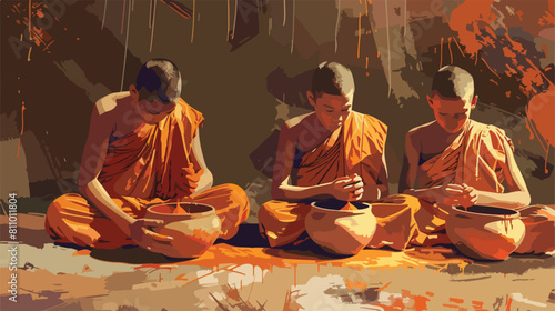 Young monks hand make clay Vector style vector design