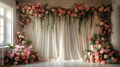 high ceiling backdrop with thin white curtains streaked perpendicularly. Drop to the bottom and decorated with flowers that shows elegance