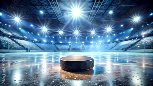 Close up hockey puck on an indoor ice rink