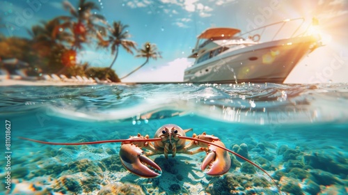 Beautiful lobster underwater with tropical palm tree island and yacht in sea.